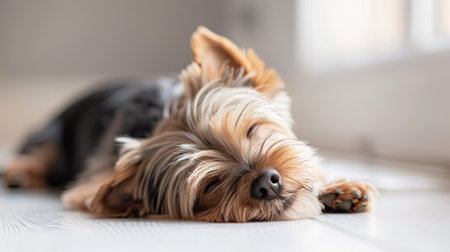 Sweet Yorkshire Terrier pup resting calmly on a white surface, highlighting its small sizeの素材