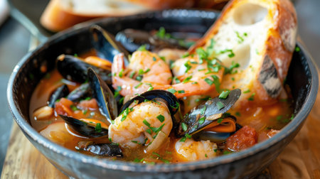 Steaming bowl of bouillabaisse with fish, mussels, and shrimp, served with crusty breadの素材