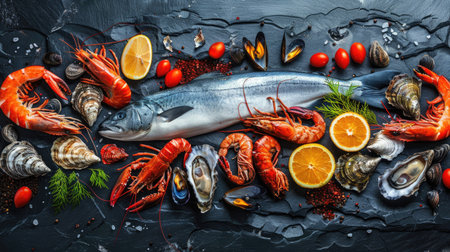 Vibrant seafood selection of fish, crustaceans, oysters, and mussels on a black stone backgroundの素材