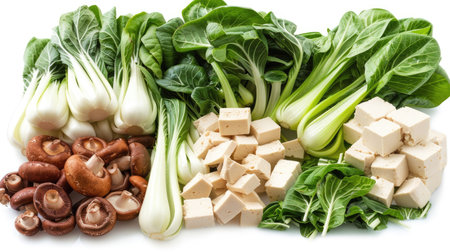 Freshly prepared mixed vegetables for Shabu, including bok choy, mushrooms, and tofu, on a white backgroundの素材