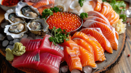 Premium seafood platter including salmon, tuna, caviar, oysters, dorado fish, and shellfish, neatly displayedの素材