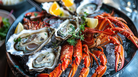 Vibrant seafood platter with prawns, oysters, and crab claws, garnished with herbsの素材