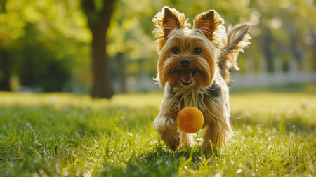 Yorkshire Terrier dog playing fetch in a green city park, running with a ball and having a great timeの素材