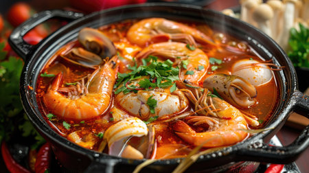 Spicy mixed seafood soup in a boiling hot pot, with seafood and herbs, isolated on redの素材