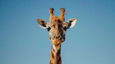 Detailed view of a giraffe's head against the clear blue sky in the African savannahの素材