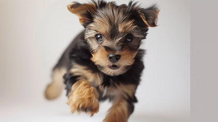 Yorkshire Terrier puppy with a lively expression, captured beautifully on a plain white backgroundの素材