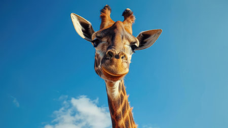 Giraffe head shot with a vibrant blue sky in Africa, highlighting its long neck and featuresの素材