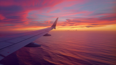 Tranquil ocean under a colorful sunset sky, airplane wing extending into the horizonの素材