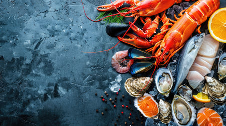 Vibrant seafood assortment with fish, crustaceans, oysters, and mussels on a black stone surfaceの素材