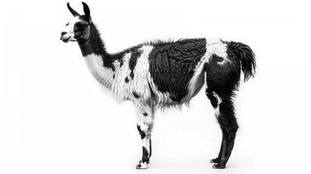 Detailed image of a black and white llama standing, with its distinctive fur patterns on a white backgroundの素材