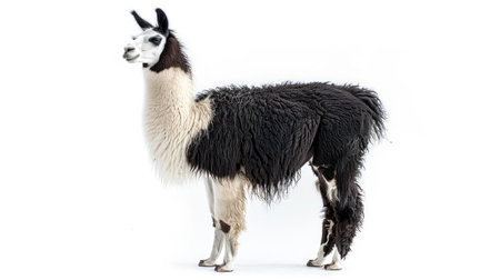 Black and white llama standing with its head turned slightly, isolated on a white backdropの素材