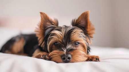 Sweet Yorkshire Terrier pup resting calmly on a white surface, highlighting its small sizeの素材
