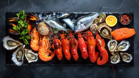 Vibrant seafood platter with fish, crustaceans, oysters, and mussels, elegantly displayed on black stoneの素材