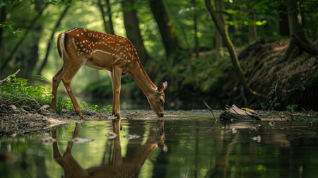Deer drinking from a clear stream in a tranquil forest, capturing animal life in natureの素材