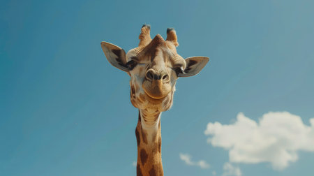 Giraffe head and neck in close-up, with the expansive blue sky of Africa in the backgroundの素材