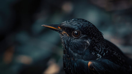Detailed close-up of a common blackbird, highlighting its sharp beak and glossy black plumageの素材