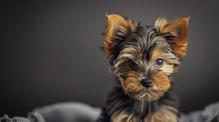 Yorkshire Terrier (Yorkie) puppy with a playful expression, captured in a joyful momentの素材