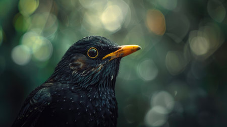 Portrait of a Eurasian blackbird with its distinctive yellow beak and eye ring in focusの素材