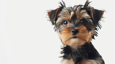 Yorkshire Terrier pup looking cute and alert on a white background, ideal for pet-related contentの素材