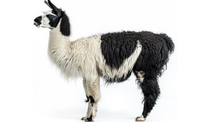 Side profile of a black and white llama standing, showcasing its unique fur against a white backgroundの素材