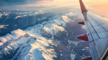 Majestic mountains capped with snow viewed from an airplane windowの素材