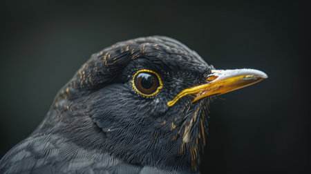 Close-up portrait of a Turdus merula, emphasizing its distinctive yellow beak and eye ringの素材