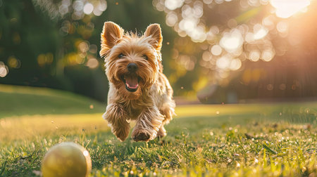 Yorkshire Terrier dog running joyfully with a ball in a city park, under sunny skiesの素材