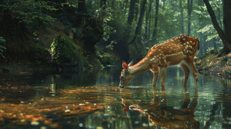 Deer drinking from a clear stream in a tranquil forest, capturing animal life in natureの素材