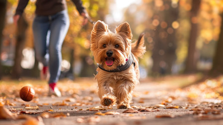 Yorkshire Terrier dog playing fetch with its owner in a scenic city park, running happily with a ballの素材