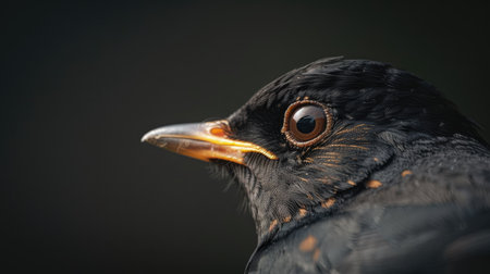 Intimate view of a Turdus merula's head, showcasing its sleek feathers and alert expressionの素材