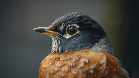 Intimate view of a Turdus merula's head, showcasing its sleek feathers and alert expressionの素材