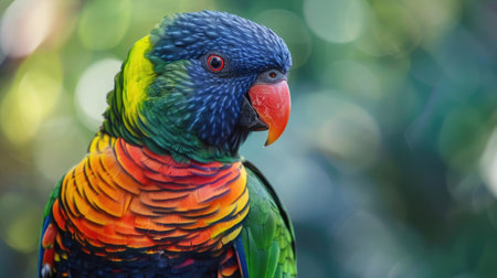 Parrot close-up, capturing the bright hues and detailed patterns of its plumageの素材