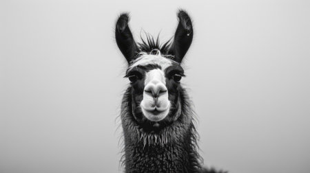 Close-up view of a black and white llama standing, highlighting its face and fur patterns on a white backgroundの素材