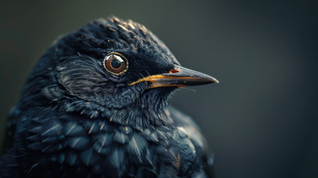 Detailed close-up of a common blackbird's head, highlighting its shiny black feathersの素材
