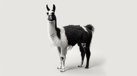 Black and white llama standing, facing forward, isolated against a plain white backgroundの素材