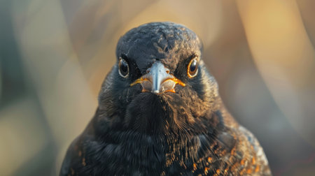 Detailed close-up of a Eurasian blackbird, with focus on its characteristic beak and eyesの素材