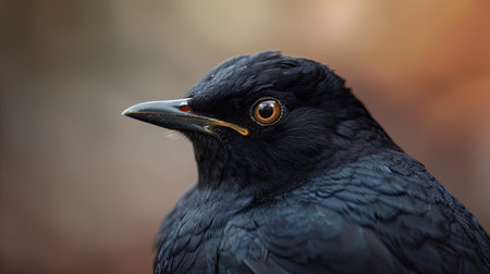 Close-up portrait of a Turdus merula, highlighting its sleek black feathers and alert eyesの素材