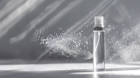 Realistic cosmetic mist from a spray bottle, forming a transparent water spray effect in the airの素材