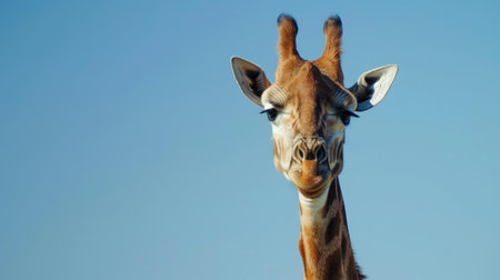 Portrait of a giraffe against the clear blue African sky, showcasing its distinct featuresの素材