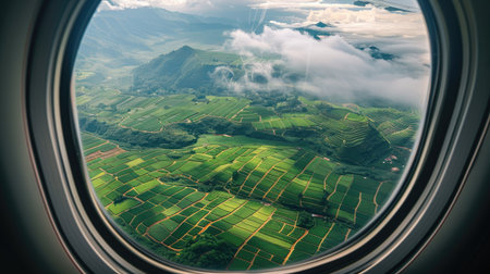 Scenic view from airplane window above a rich tapestry of green agricultural landの素材