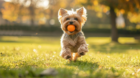 Yorkshire Terrier dog sprinting joyfully across a city park lawn, carrying a ball in its mouthの素材