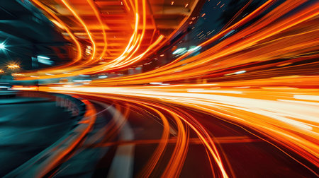 Vibrant orange car light trails captured in a long exposure shot, illustrating dynamic city nightlifeの素材