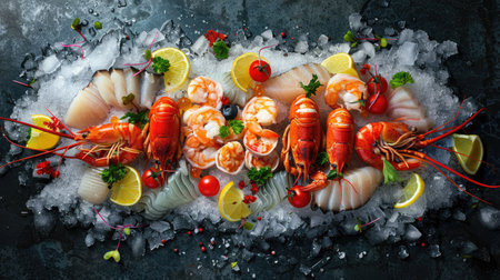 Exquisite seafood assortment featuring lobster, shrimp, and scallops, on a bed of iceの素材