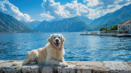 Happy dog on the embankment, with a picturesque bay and mountainous terrain in the distanceの素材