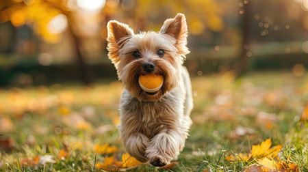 Happy Yorkshire Terrier dog running with a ball in its mouth in a well-kept city parkの素材