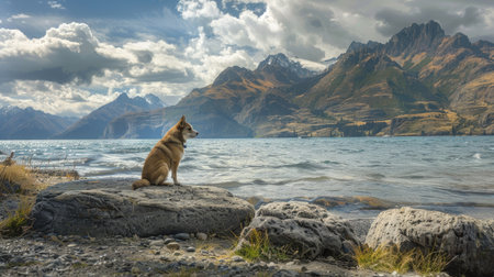 Small dog enjoying a peaceful moment on the embankment by the bay, framed by majestic mountainsの素材