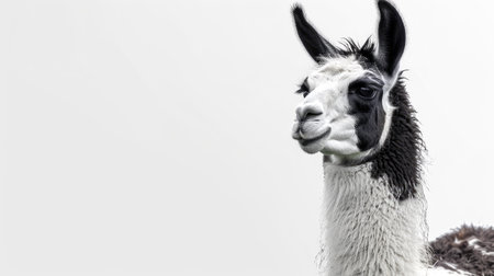 Black and white llama standing with its distinctive markings clearly visible against a white backgroundの素材