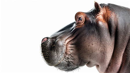 Profile shot of a hippo's head, isolated against a white background, capturing its strong jawlineの素材