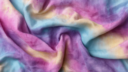 This image showcases a beautifully draped soft fabric featuring pastel colors of pink, blue, and yellow. Ideal for various creative, fashion, and design projects.の素材