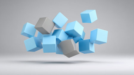 Vibrant abstract image featuring geometric floating shapes in blue and gray colors, perfect for modern designs, artistic projects, or as a creative background.の素材